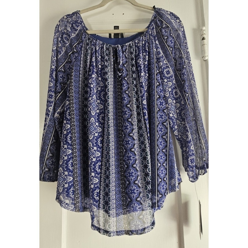 NWT BCX PRINT MESH SCOOP NECK PEASANT TOP boat neck womans XL - Picture 2 of 10